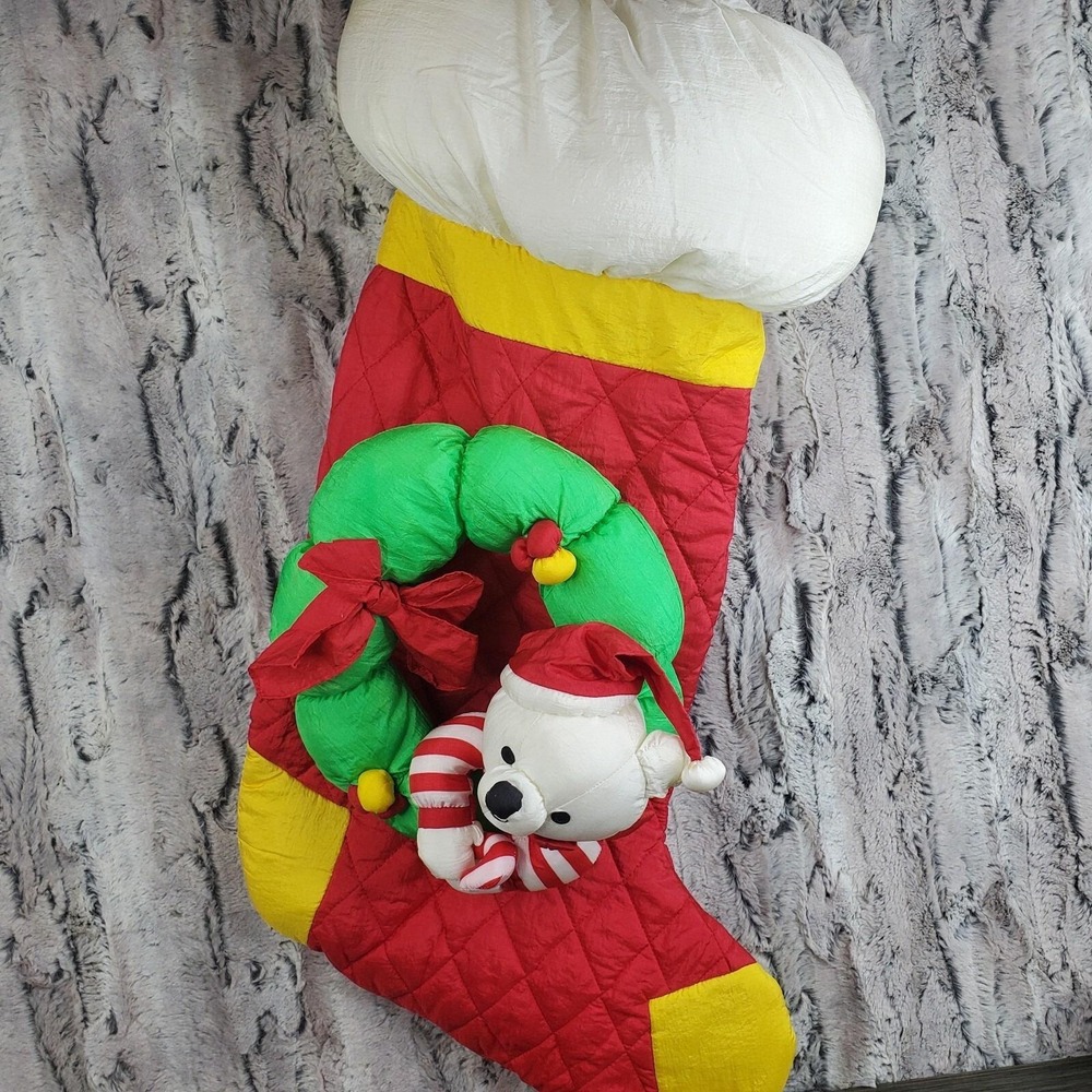 Vtg International Silver Co Jumbo 26" PUFFY Nylon Christmas Stocking Bear Wreath